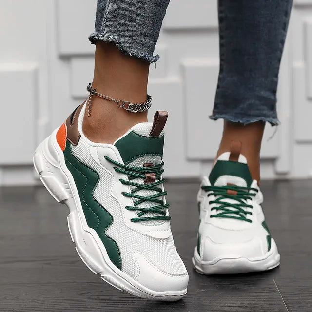Women's Lightweight Mesh Sneakers with Laces and Panel Design - Low-top Training Shoes with a Thick Cushioned Sole for Everyday Wear, Fitness and Leisure