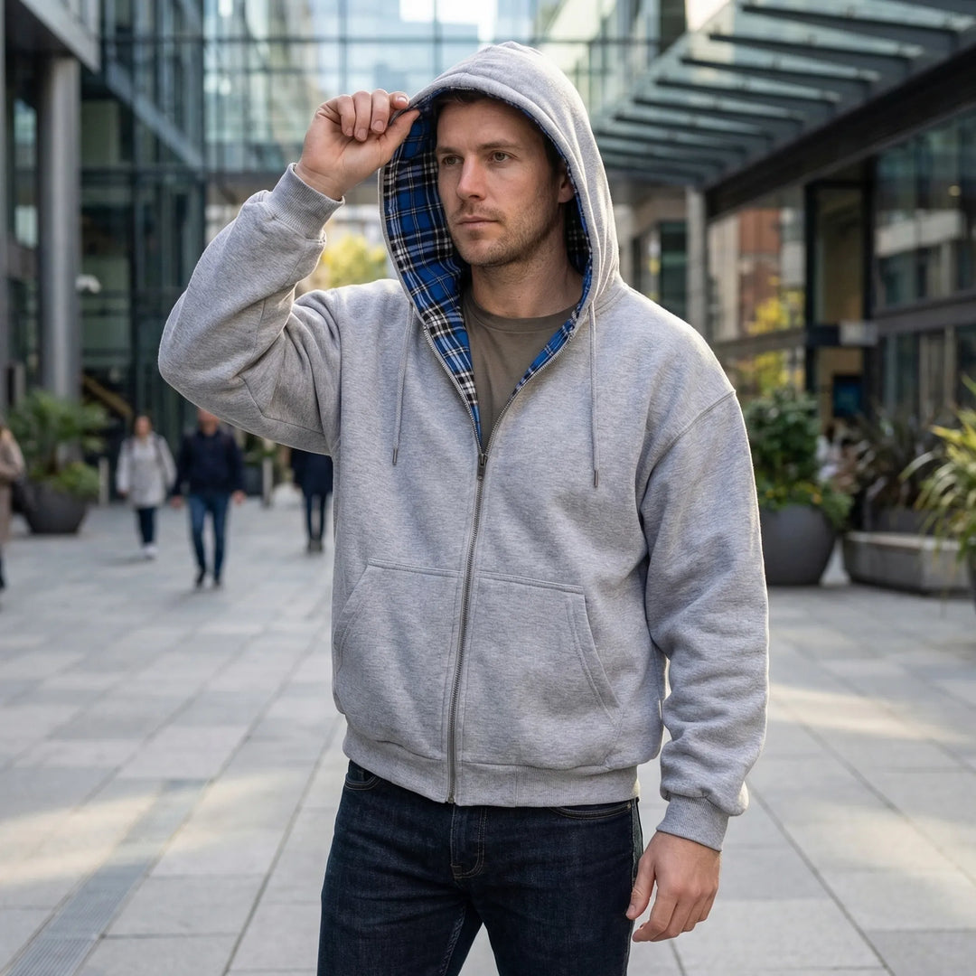 Jachetă oversized reversibilă cu glugă pentru bărbați, cu închidere cu fermoar, rever în carouri și glugă ajustabilă – jachetă versatilă pentru utilizare zilnică, timp liber și stil casual relaxat