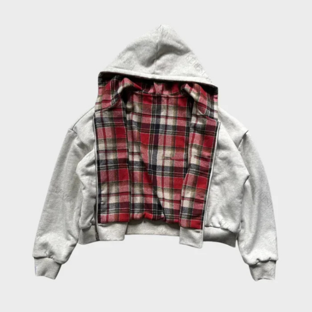 Jachetă oversized reversibilă cu glugă pentru bărbați, cu închidere cu fermoar, rever în carouri și glugă ajustabilă – jachetă versatilă pentru utilizare zilnică, timp liber și stil casual relaxat