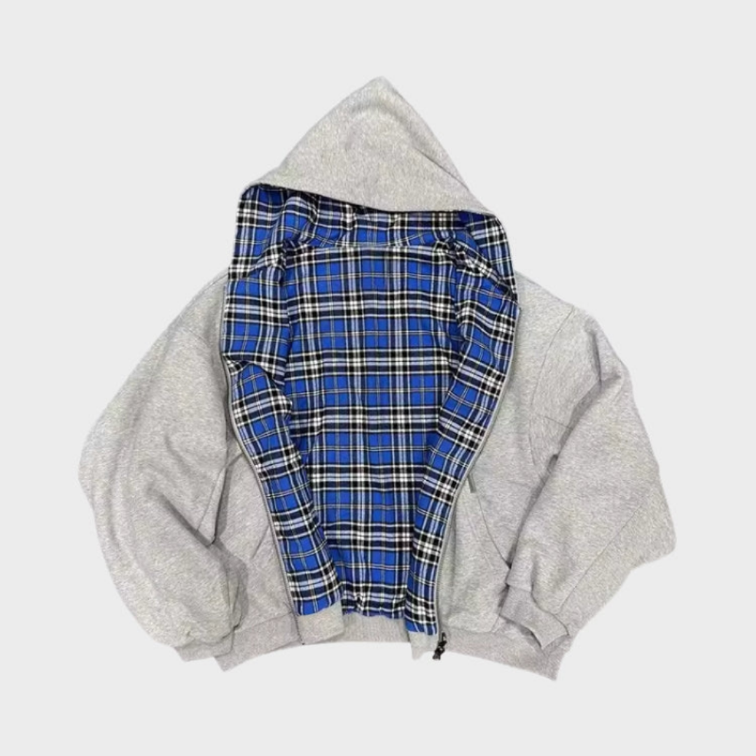 Jachetă oversized reversibilă cu glugă pentru bărbați, cu închidere cu fermoar, rever în carouri și glugă ajustabilă – jachetă versatilă pentru utilizare zilnică, timp liber și stil casual relaxat