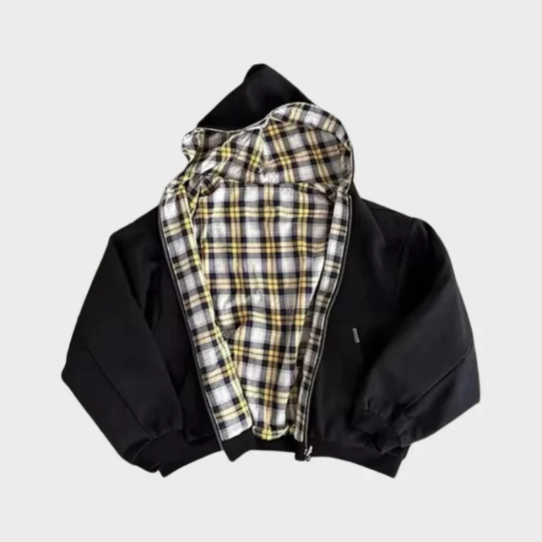 Jachetă oversized reversibilă cu glugă pentru bărbați, cu închidere cu fermoar, rever în carouri și glugă ajustabilă – jachetă versatilă pentru utilizare zilnică, timp liber și stil casual relaxat