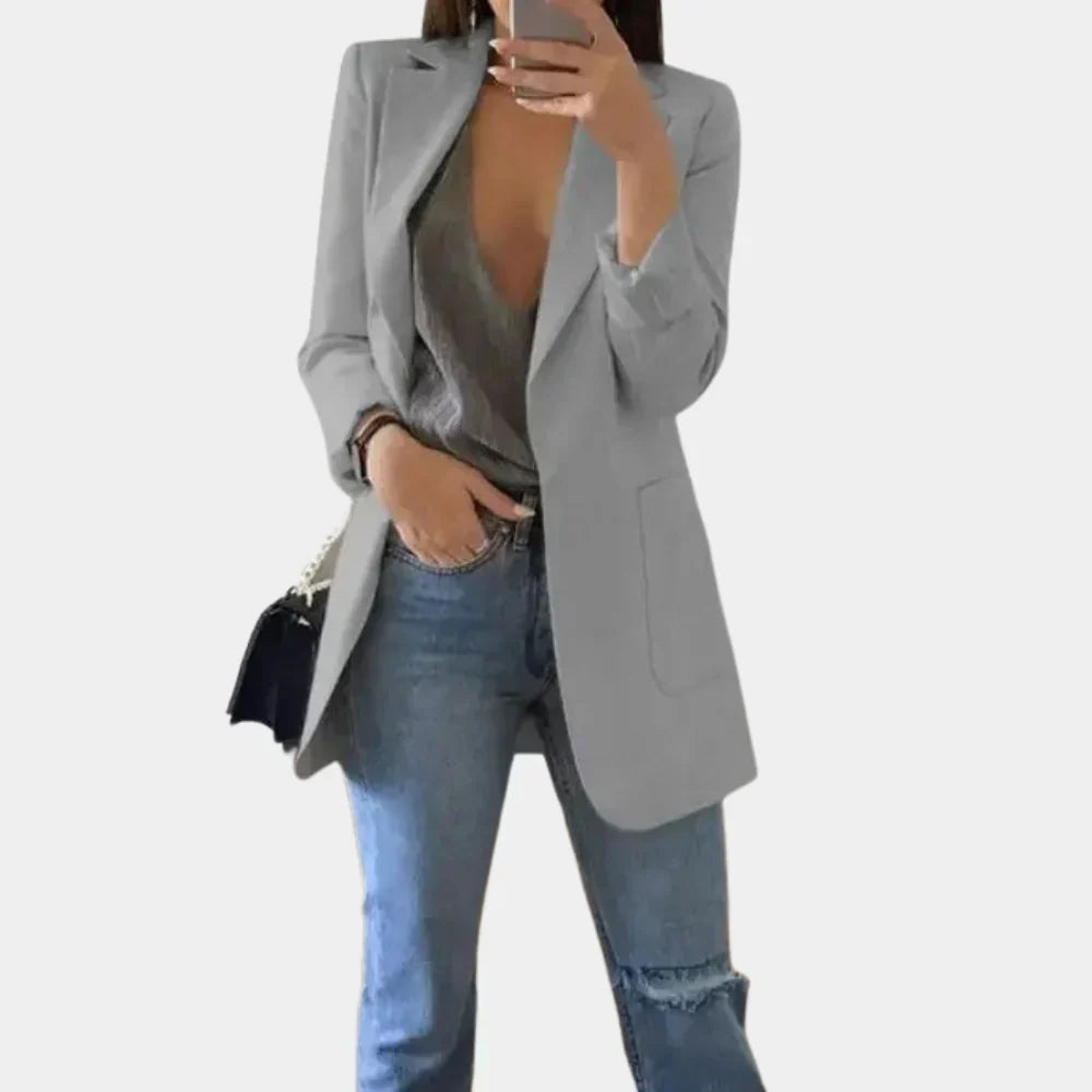 Blazer largo para mujer de corte entallado y ajustado - Chaqueta elegante para la oficina, negocios, fiestas y estilo casual elegante