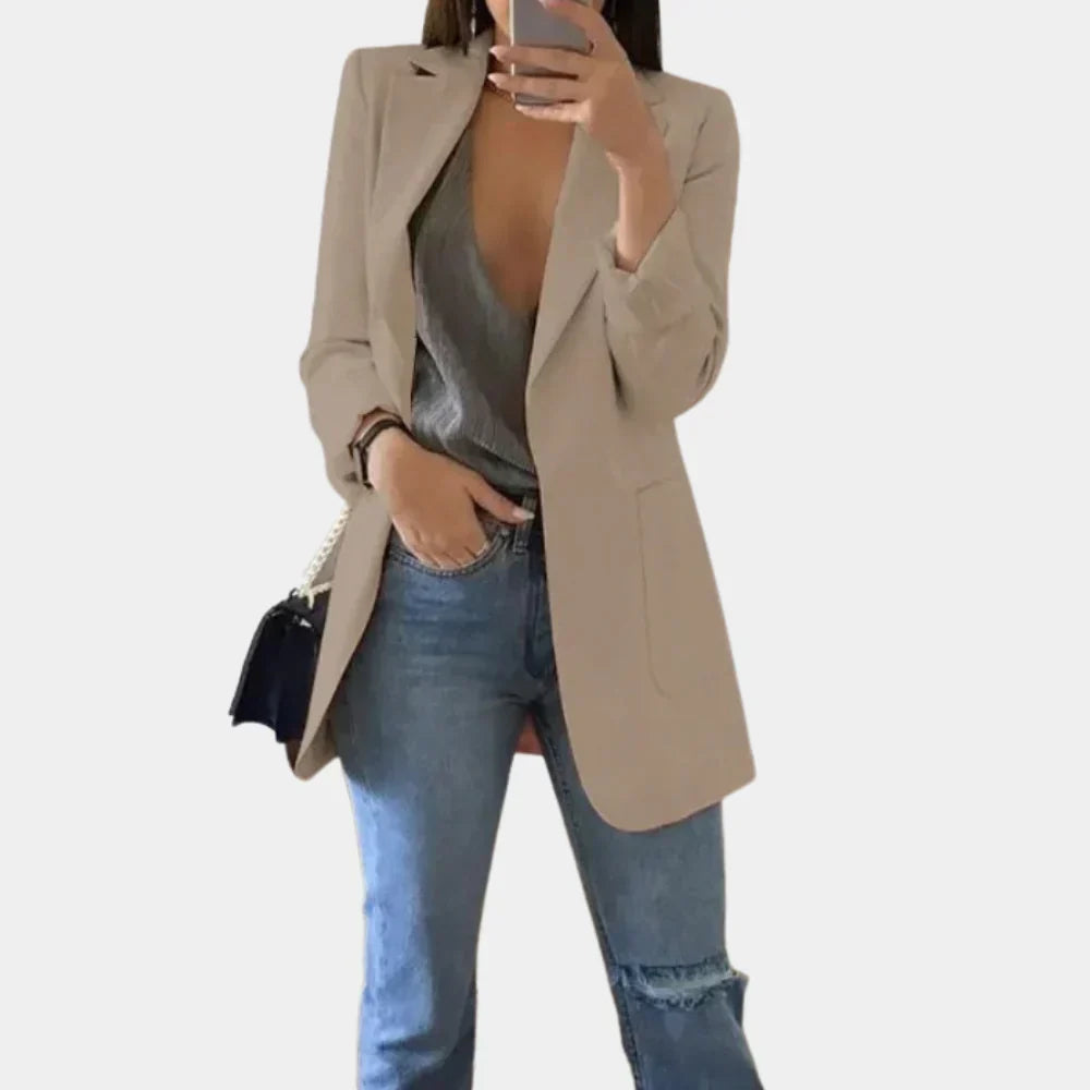 Blazer largo para mujer de corte entallado y ajustado - Chaqueta elegante para la oficina, negocios, fiestas y estilo casual elegante