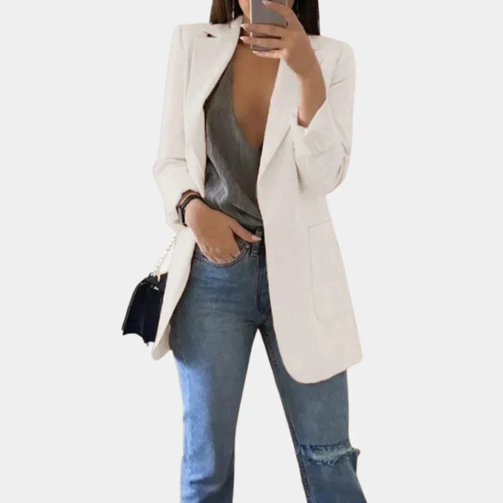 Blazer largo para mujer de corte entallado y ajustado - Chaqueta elegante para la oficina, negocios, fiestas y estilo casual elegante