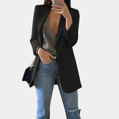 Blazer largo para mujer de corte entallado y ajustado - Chaqueta elegante para la oficina, negocios, fiestas y estilo casual elegante