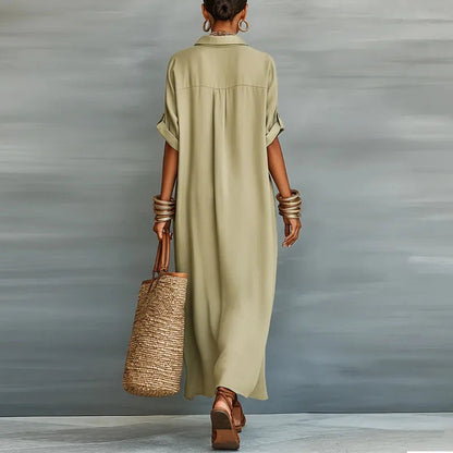 Dame Afslappet Maxi Skjortekjole Med Knaplukning Og Casual Elegance