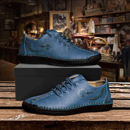 Pánské vintage ležérní kožené polobotky s ručně šitými detaily a tkaničkami - flexibilní nízká obuv na každý den, volný čas a elegantně ležérní styl