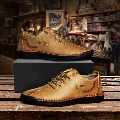 Pánské vintage ležérní kožené polobotky s ručně šitými detaily a tkaničkami - flexibilní nízká obuv na každý den, volný čas a elegantně ležérní styl