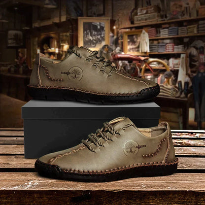 Pánské vintage ležérní kožené polobotky s ručně šitými detaily a tkaničkami - flexibilní nízká obuv na každý den, volný čas a elegantně ležérní styl