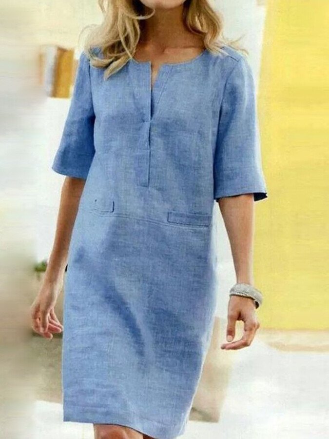 Rochie midi de damă cu croială lejeră și decolteu în V decupat – Rochie elegantă de zi pentru birou, timp liber, vacanță și stil smart casual