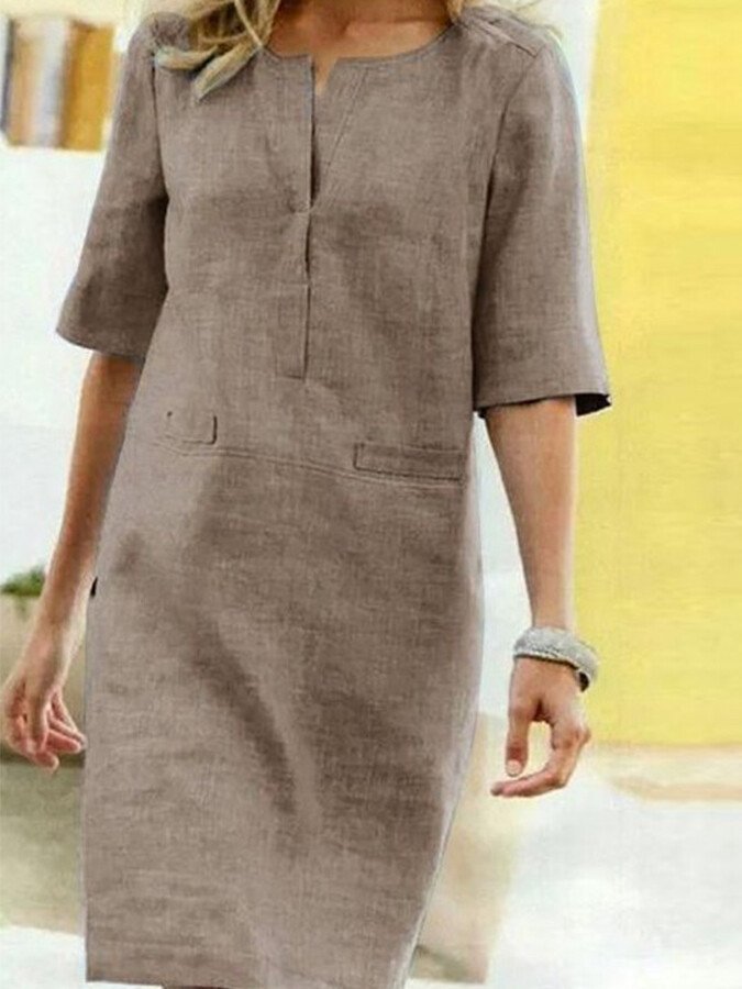 Rochie midi de damă cu croială lejeră și decolteu în V decupat – Rochie elegantă de zi pentru birou, timp liber, vacanță și stil smart casual