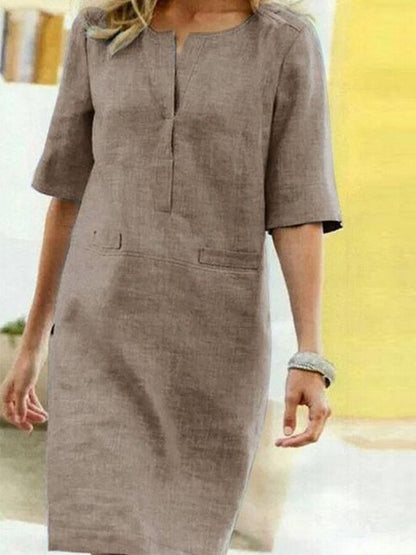 Rochie midi de damă cu croială lejeră și decolteu în V decupat – Rochie elegantă de zi pentru birou, timp liber, vacanță și stil smart casual