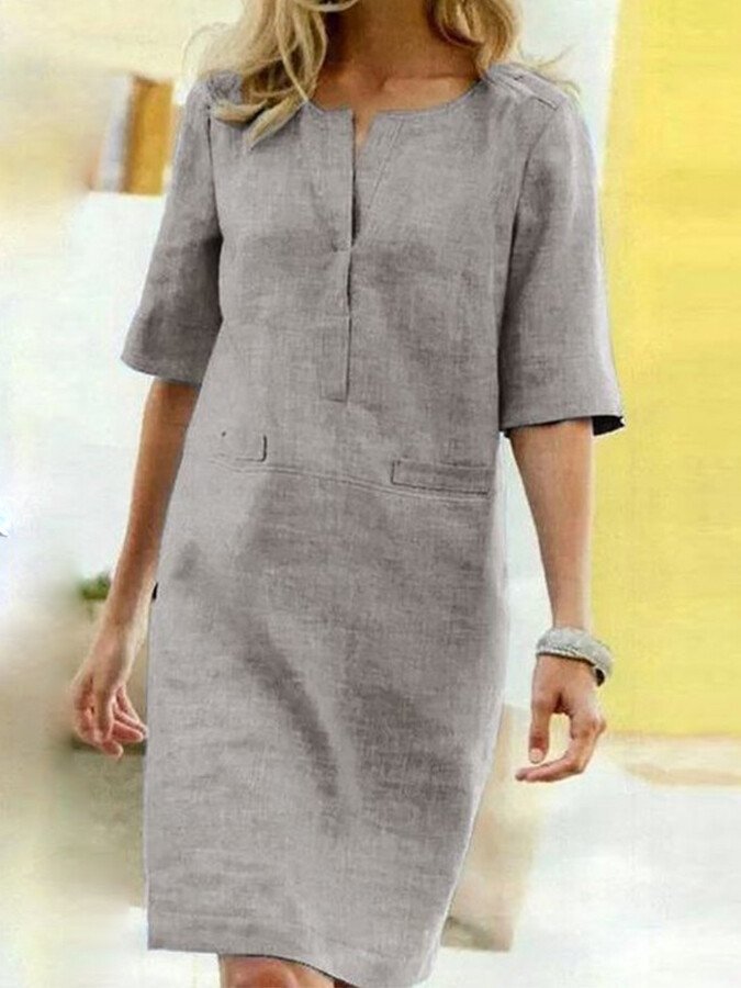 Rochie midi de damă cu croială lejeră și decolteu în V decupat – Rochie elegantă de zi pentru birou, timp liber, vacanță și stil smart casual