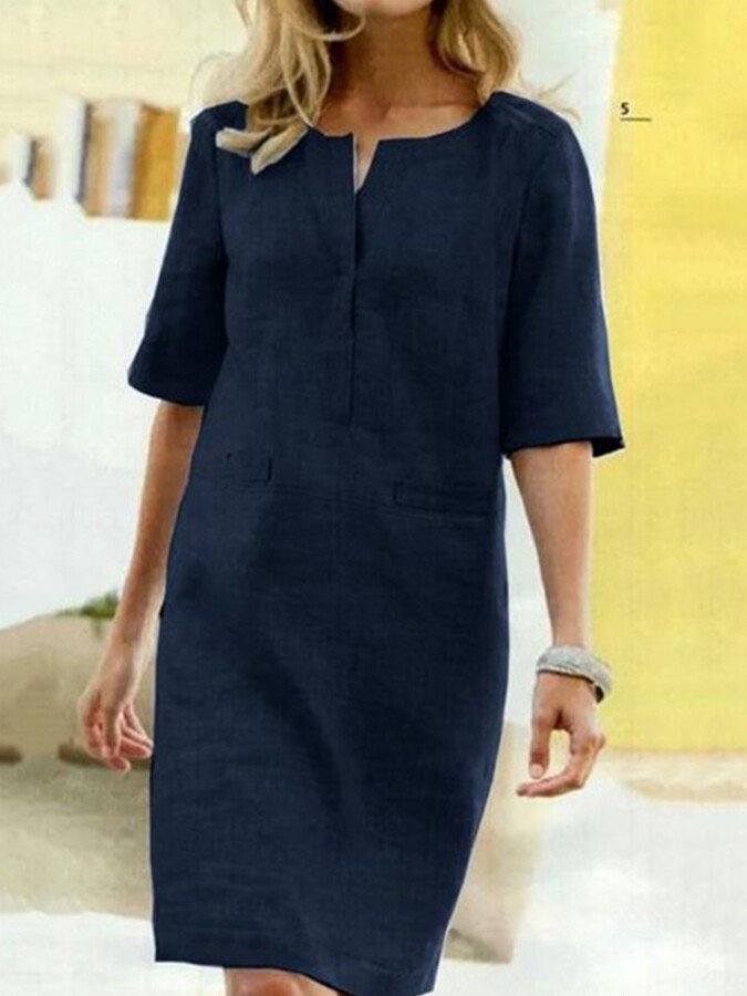 Rochie midi de damă cu croială lejeră și decolteu în V decupat – Rochie elegantă de zi pentru birou, timp liber, vacanță și stil smart casual