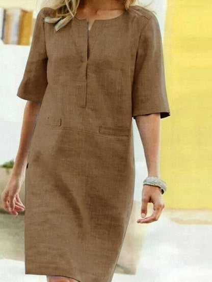 Rochie midi de damă cu croială lejeră și decolteu în V decupat – Rochie elegantă de zi pentru birou, timp liber, vacanță și stil smart casual