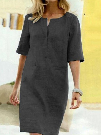 Rochie midi de damă cu croială lejeră și decolteu în V decupat – Rochie elegantă de zi pentru birou, timp liber, vacanță și stil smart casual