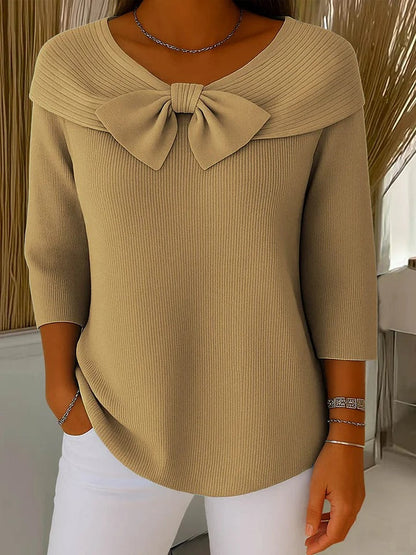 Dame Ribstrikket Sweater Med Sløjfedetaljer Og Bred Halsudskæring – Ærmer I Trekvart Længde Til Kontor Og Elegant Hverdagsbrug