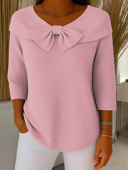 Dame Ribstrikket Sweater Med Sløjfedetaljer Og Bred Halsudskæring – Ærmer I Trekvart Længde Til Kontor Og Elegant Hverdagsbrug