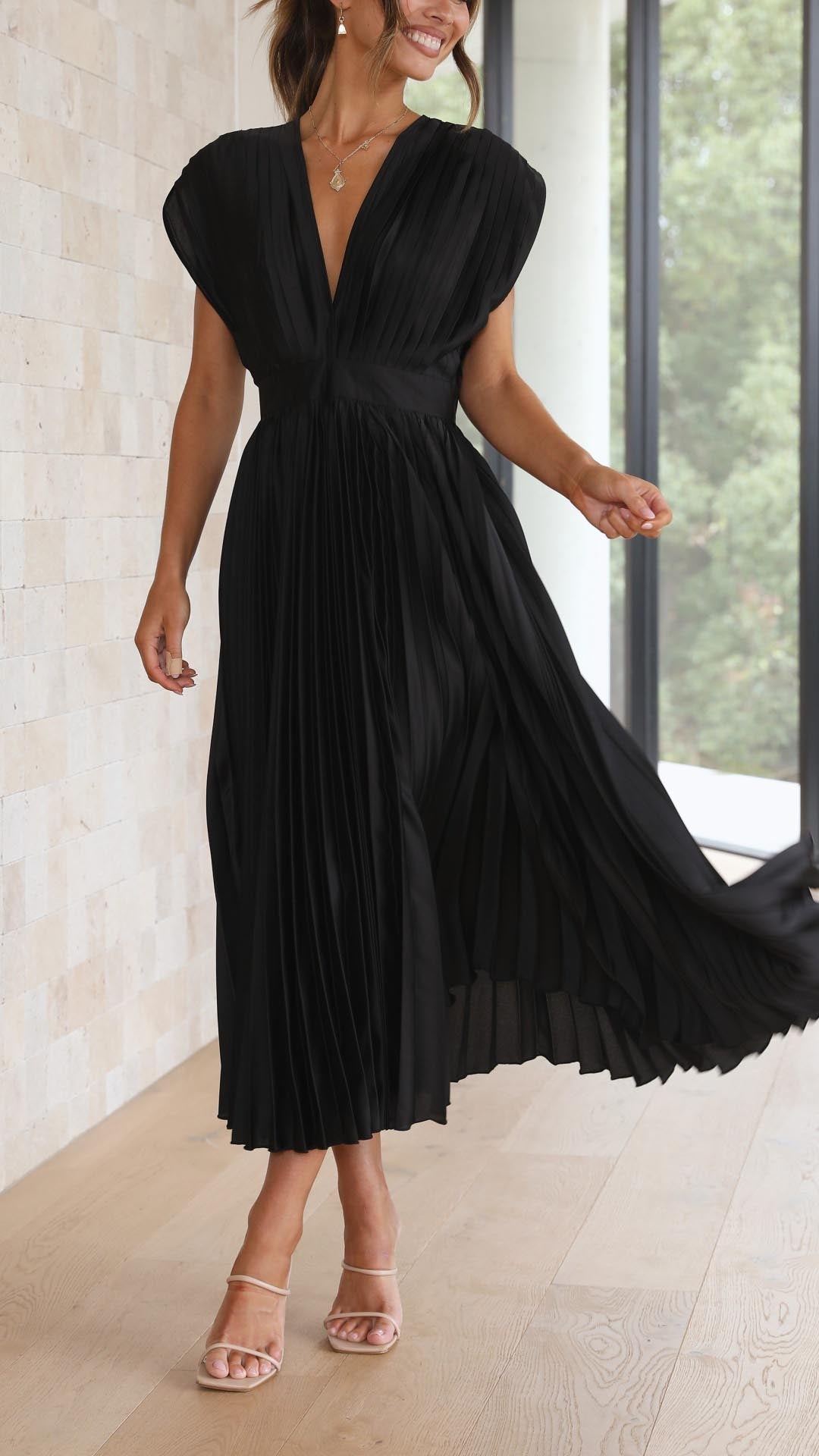 Women's Pleated Satin Midi Dress with Draped V-Neckline – Elegant Dress for Parties, Weddings, Evening Wear, and Special Occasions