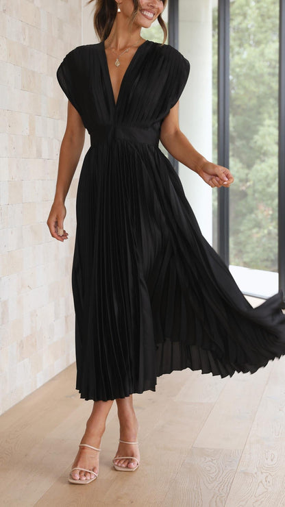 Women's Pleated Satin Midi Dress with Draped V-Neckline – Elegant Dress for Parties, Weddings, Evening Wear, and Special Occasions