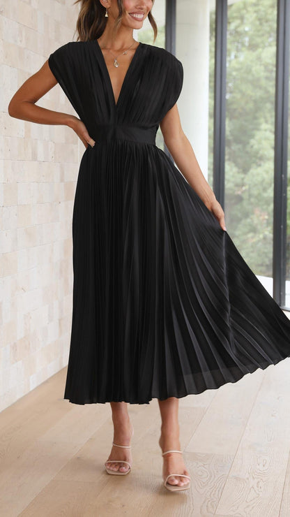 Women's Pleated Satin Midi Dress with Draped V-Neckline – Elegant Dress for Parties, Weddings, Evening Wear, and Special Occasions