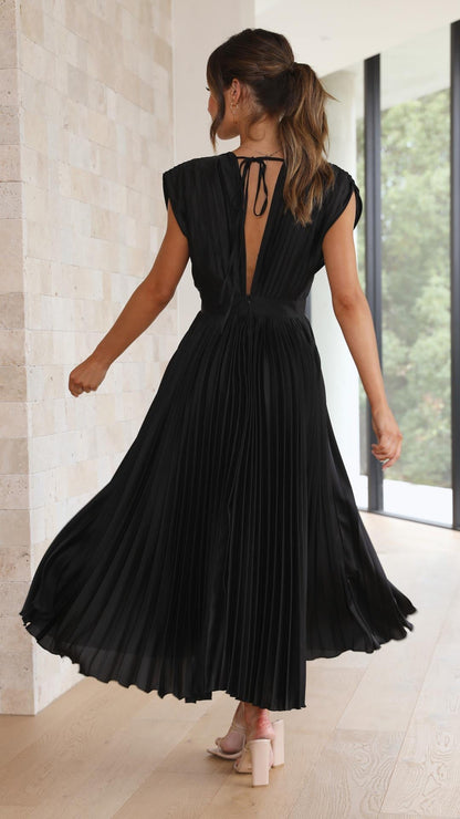 Women's Pleated Satin Midi Dress with Draped V-Neckline – Elegant Dress for Parties, Weddings, Evening Wear, and Special Occasions