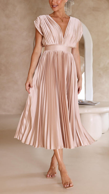 Women's Pleated Satin Midi Dress with Draped V-Neckline – Elegant Dress for Parties, Weddings, Evening Wear, and Special Occasions