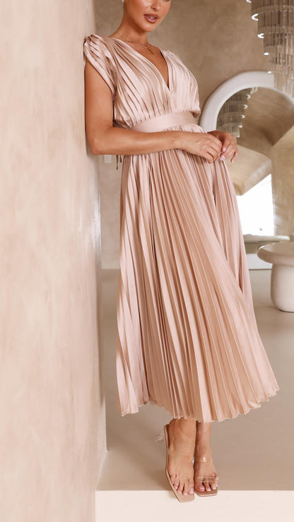 Women's Pleated Satin Midi Dress with Draped V-Neckline – Elegant Dress for Parties, Weddings, Evening Wear, and Special Occasions