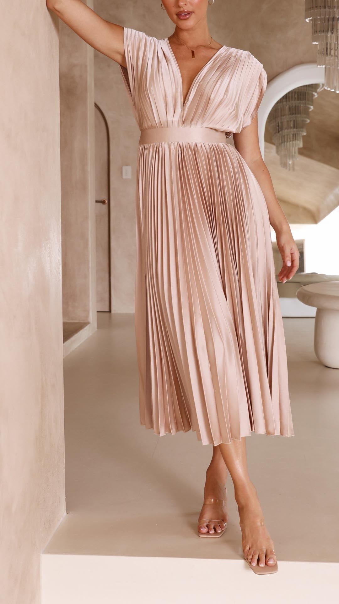 Women's Pleated Satin Midi Dress with Draped V-Neckline – Elegant Dress for Parties, Weddings, Evening Wear, and Special Occasions