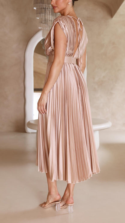 Women's Pleated Satin Midi Dress with Draped V-Neckline – Elegant Dress for Parties, Weddings, Evening Wear, and Special Occasions