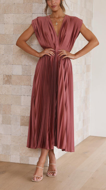 Women's Pleated Satin Midi Dress with Draped V-Neckline – Elegant Dress for Parties, Weddings, Evening Wear, and Special Occasions