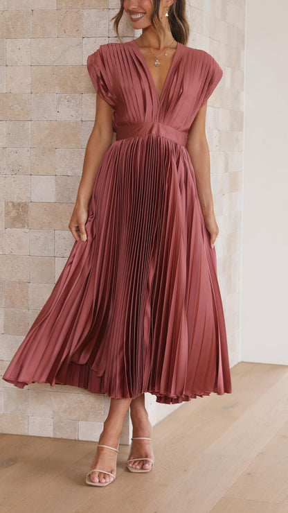Women's Pleated Satin Midi Dress with Draped V-Neckline – Elegant Dress for Parties, Weddings, Evening Wear, and Special Occasions