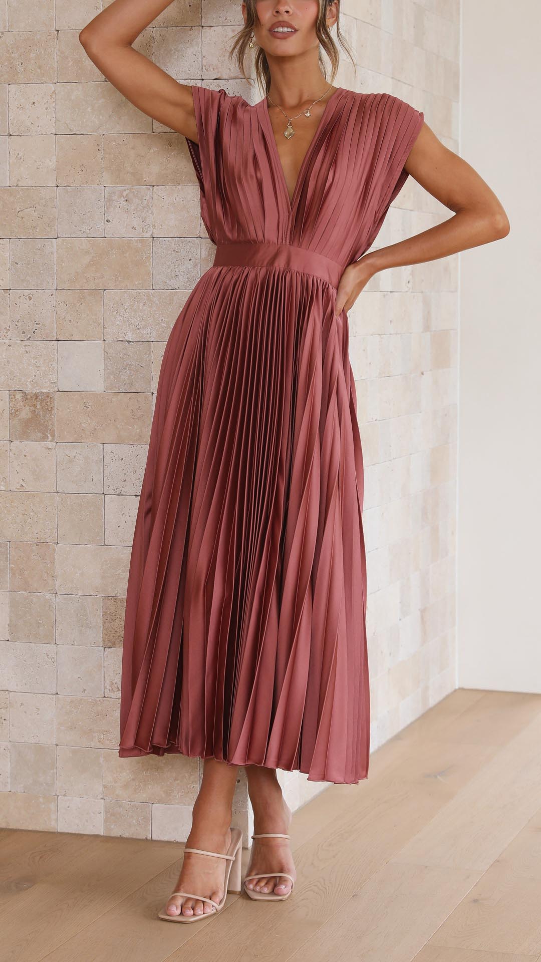Women's Pleated Satin Midi Dress with Draped V-Neckline – Elegant Dress for Parties, Weddings, Evening Wear, and Special Occasions