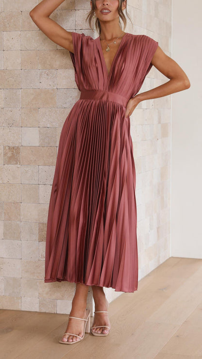 Women's Pleated Satin Midi Dress with Draped V-Neckline – Elegant Dress for Parties, Weddings, Evening Wear, and Special Occasions