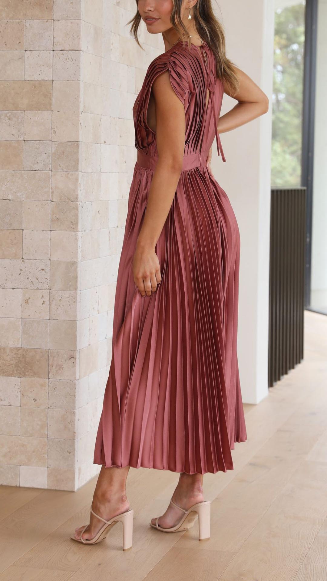 Women's Pleated Satin Midi Dress with Draped V-Neckline – Elegant Dress for Parties, Weddings, Evening Wear, and Special Occasions