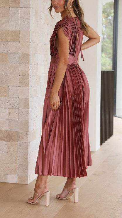 Women's Pleated Satin Midi Dress with Draped V-Neckline – Elegant Dress for Parties, Weddings, Evening Wear, and Special Occasions