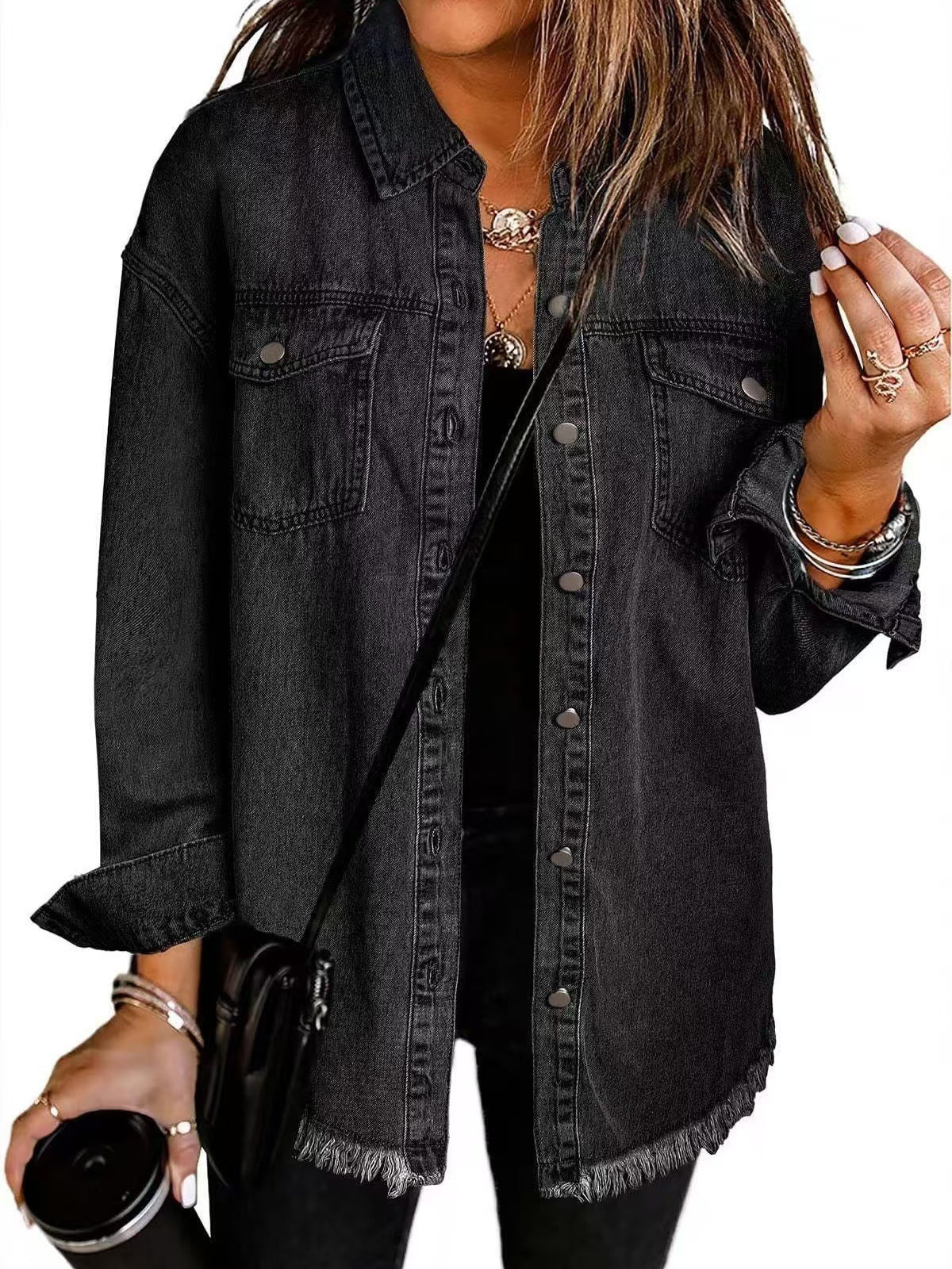 Women's oversized denim jacket with button closure and chest pockets - long style with raw hem for casual everyday wear and modern streetwear