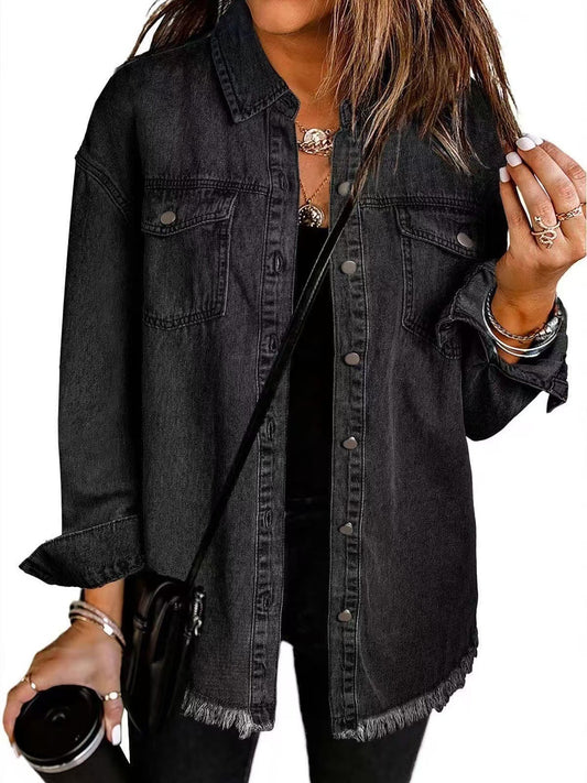 Women's oversized denim jacket with button closure and chest pockets - long style with raw hem for casual everyday wear and modern streetwear