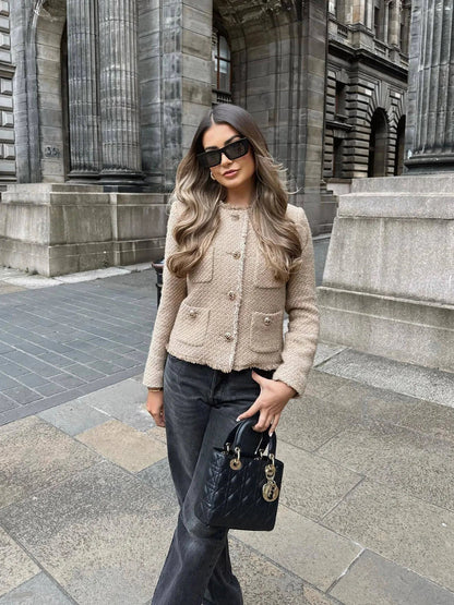 Women's Short Tweed Jacket with a Textured Surface – Collarless Jacket for the Office, Smart Casual Style, and Everyday Wear