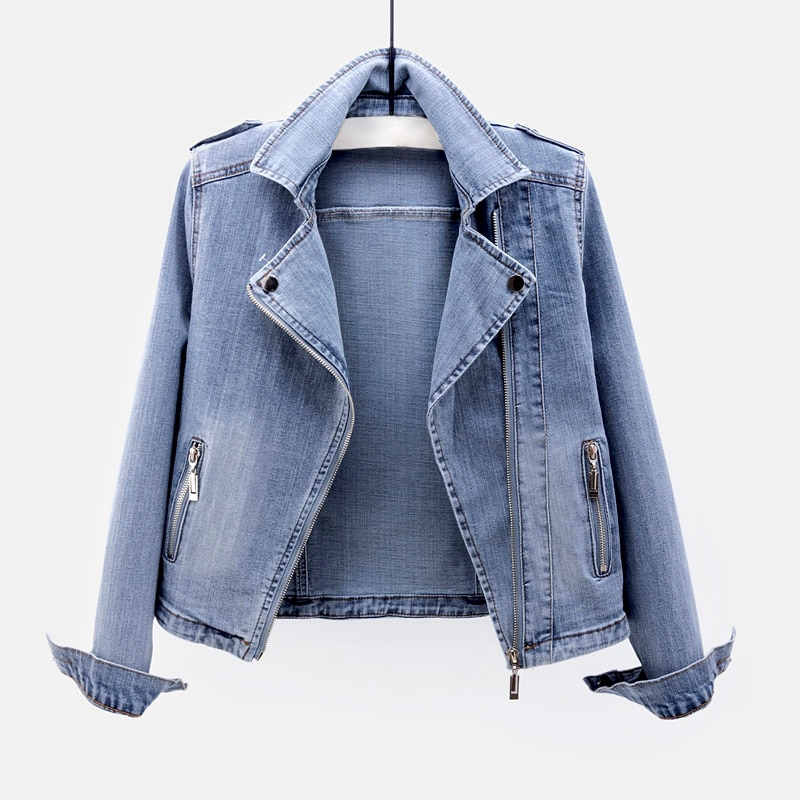 Chaqueta motera corta de denim para mujer con cremallera y cuello de solapa - Chaqueta moderna de inspiración motera para el día a día informal y un estilo urbano