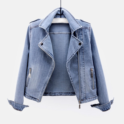 Chaqueta motera corta de denim para mujer con cremallera y cuello de solapa - Chaqueta moderna de inspiración motera para el día a día informal y un estilo urbano