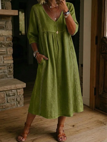 Dame Midikjole Med V-Udskæring Og Lommer