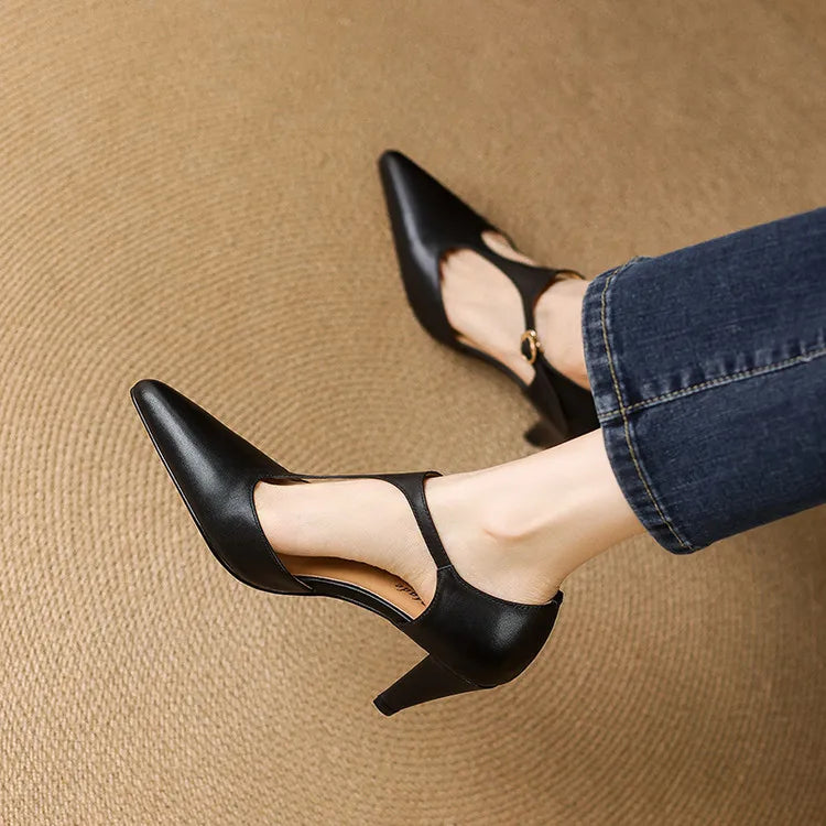 Women's Pointed-Toe T-Strap Leather Pumps with Kitten Heel – Elegant Shoes for the Office, Parties, Weddings, and Special Occasions