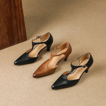Women's Pointed-Toe T-Strap Leather Pumps with Kitten Heel – Elegant Shoes for the Office, Parties, Weddings, and Special Occasions