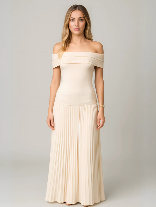 Women's Off-Shoulder Pleated Maxi Dress – Elegant Dress for Wedding Guests and Receptions