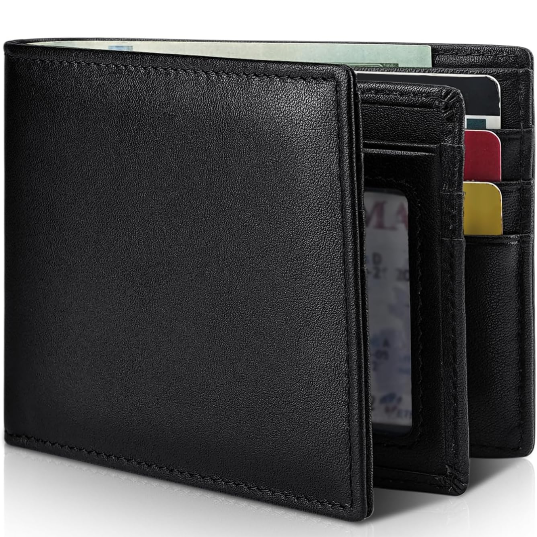 Men's slim RFID-protected wallet in genuine leather – bifold design with 13 card slots and an ID window for cards, cash, and everyday use