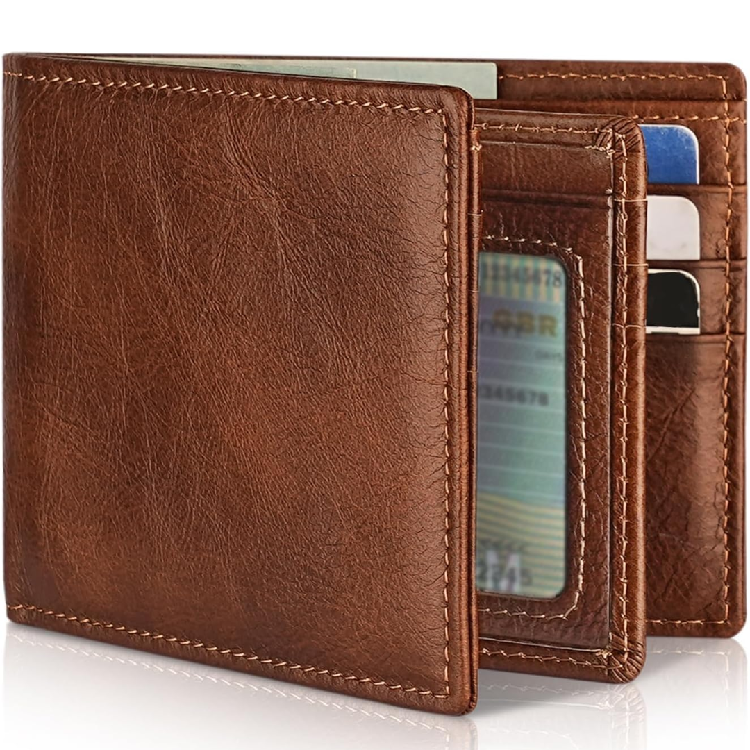 Men's slim RFID-protected wallet in genuine leather – bifold design with 13 card slots and an ID window for cards, cash, and everyday use