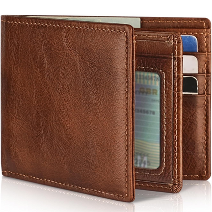 Men's slim RFID-protected wallet in genuine leather – bifold design with 13 card slots and an ID window for cards, cash, and everyday use