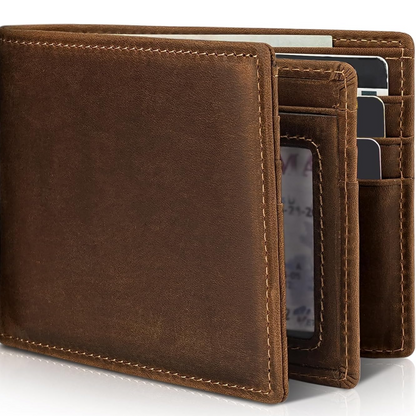 Men's slim RFID-protected wallet in genuine leather – bifold design with 13 card slots and an ID window for cards, cash, and everyday use