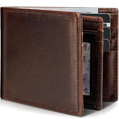 Men's slim RFID-protected wallet in genuine leather – bifold design with 13 card slots and an ID window for cards, cash, and everyday use